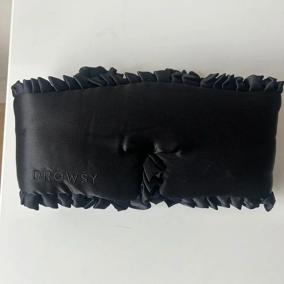 Drowsy Sleep in the City Silk Sleep Eye Mask Women Black Ruffle Blackout Travel - Picture 3 of 10